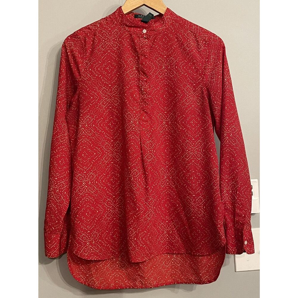 Lauren Ralph Top Red Print Tab Collar Long Sleeve Chiffon Blouse Womens Petite M